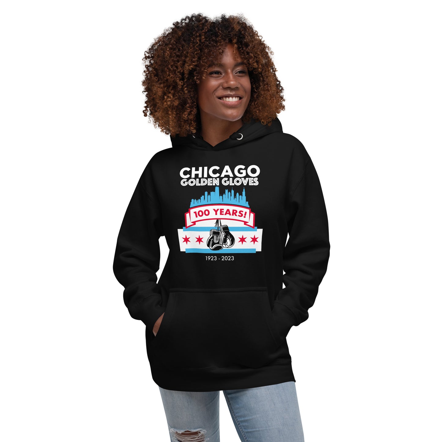 NEW! Unisex Chicago Golden Gloves Boxing 100th Anniversary Hoodie- City Style in Black