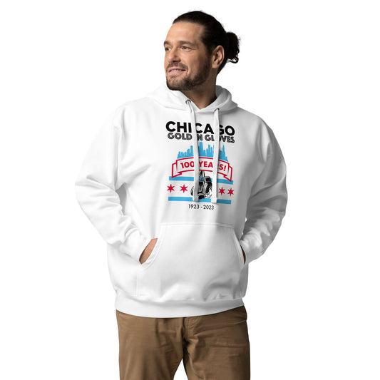 NEW! Unisex Chicago Golden Gloves Boxing 100th Anniversary Hoodie- City Style in White